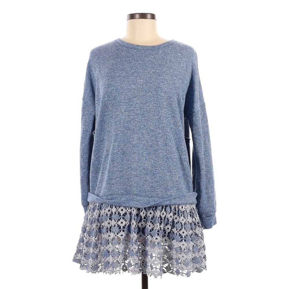 Free People FP Beach Tunic Dress Sweater Floral Lace Hem Heather Blue White S - Picture 2 of 5